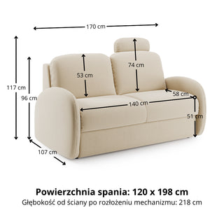 Sofa BELLA 2 osobowa z funkcją spania stelaż włoski z materacem 120 cm
