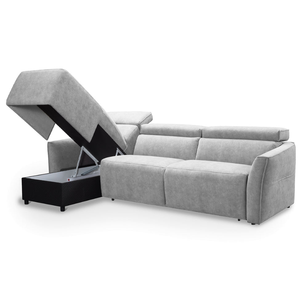 Narożnik NOLA z funkcją spania codziennego stelaż włoski z materacem 120 cm i pojemnikiem na pościel