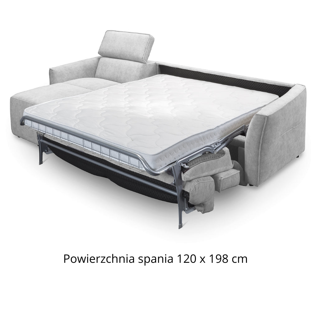 Narożnik NOLA z funkcją spania codziennego stelaż włoski z materacem 120 cm i pojemnikiem na pościel