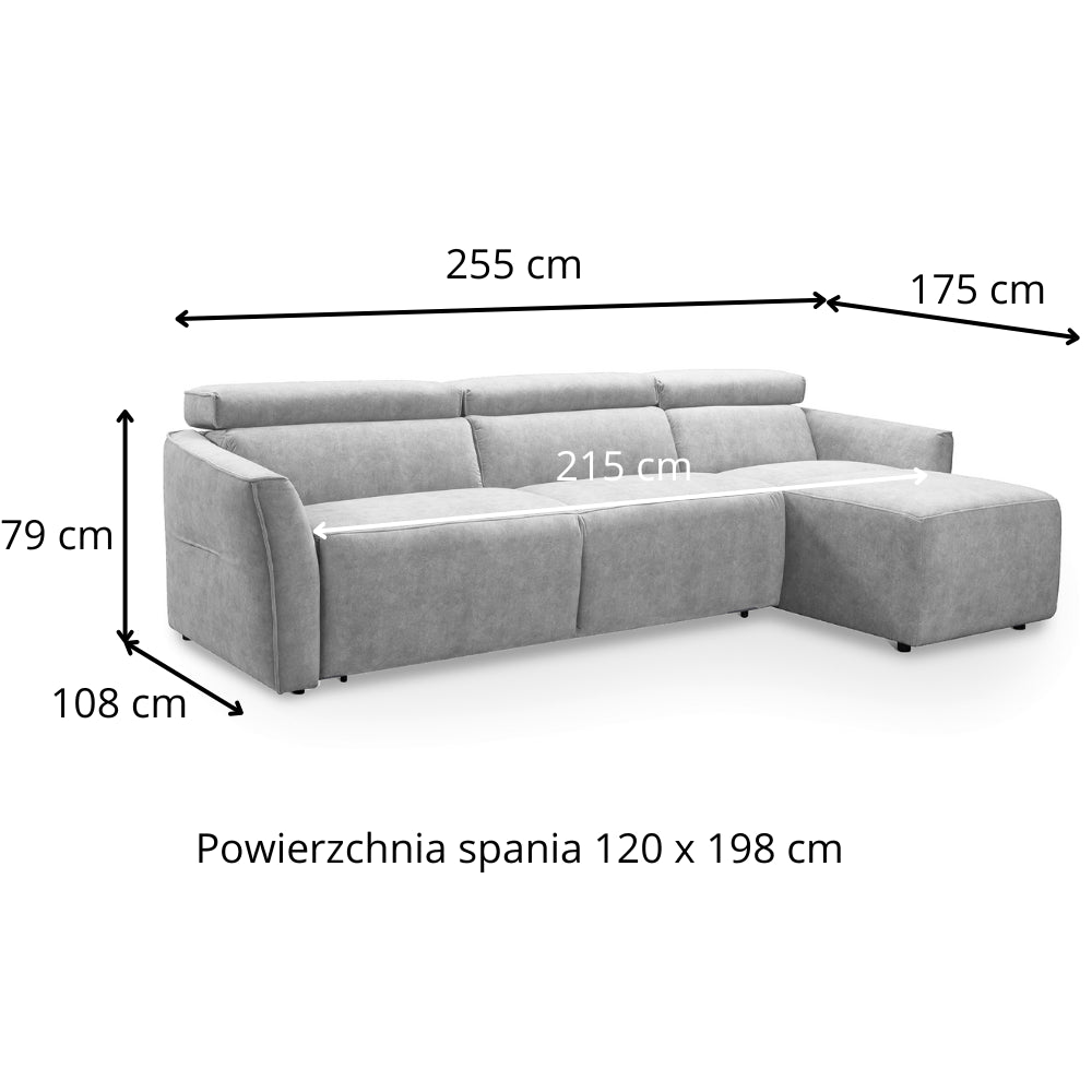 Narożnik NOLA z funkcją spania codziennego stelaż włoski z materacem 120 cm i pojemnikiem na pościel