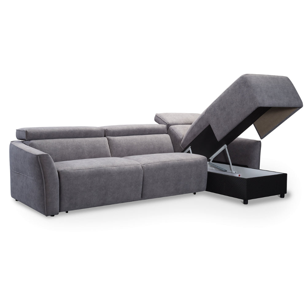 Narożnik NOLA z funkcją spania codziennego stelaż włoski z materacem 140 cm i pojemnikiem na pościel