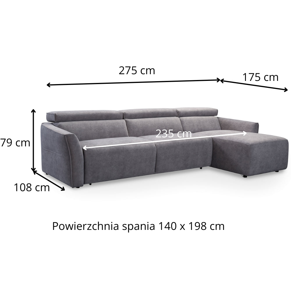 Narożnik NOLA z funkcją spania codziennego stelaż włoski z materacem 140 cm i pojemnikiem na pościel