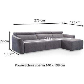 Narożnik NOLA z funkcją spania codziennego stelaż włoski z materacem 140 cm i pojemnikiem na pościel