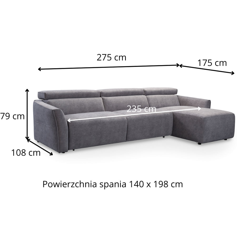 Narożnik NOLA z funkcją spania codziennego stelaż włoski z materacem 140 cm i pojemnikiem na pościel