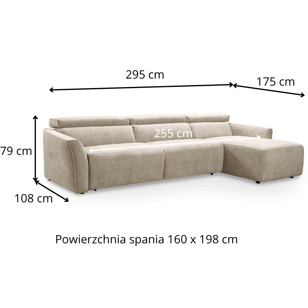 Narożnik NOLA z funkcją spania codziennego stelaż włoski z materacem 160 cm i pojemnikiem na pościel