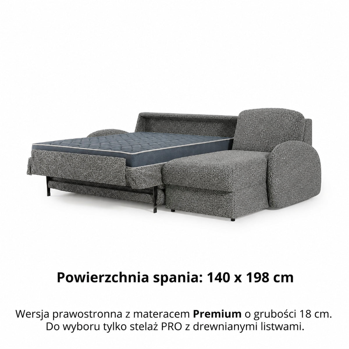 Narożnik BELLA z funkcją spania codziennego stelaż włoski z materacem 140cm i pojemnikiem na pościel prawostronny