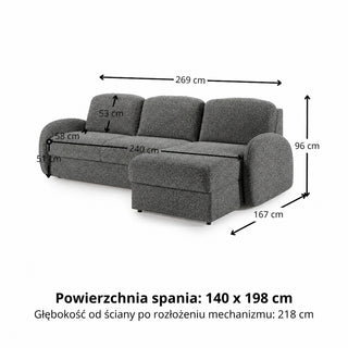 Narożnik BELLA z funkcją spania codziennego stelaż włoski z materacem 140cm i pojemnikiem na pościel prawostronny
