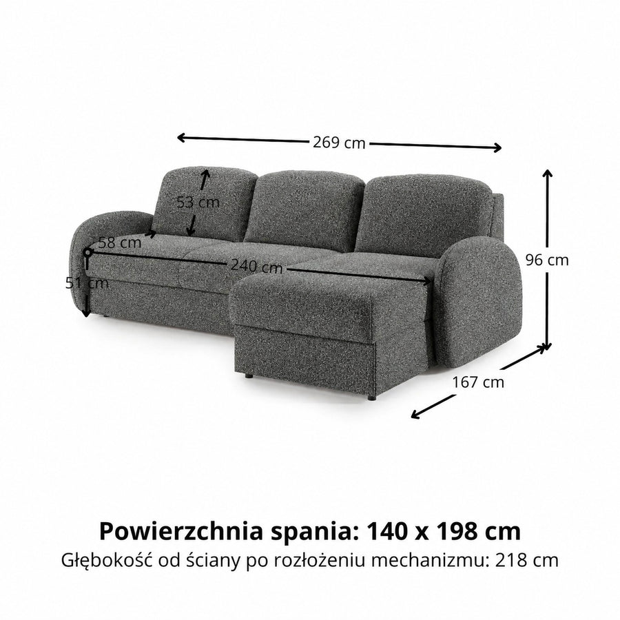 Narożnik BELLA z funkcją spania codziennego stelaż włoski z materacem 140cm i pojemnikiem na pościel prawostronny