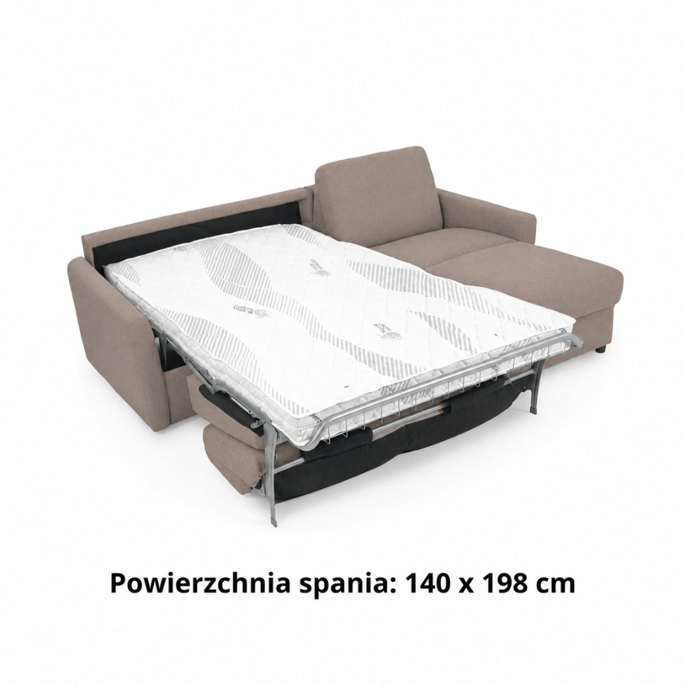 Narożnik DOLLY z funkcją spania codziennego stelaż włoski z materacem 140 cm i pojemnikiem na pościel