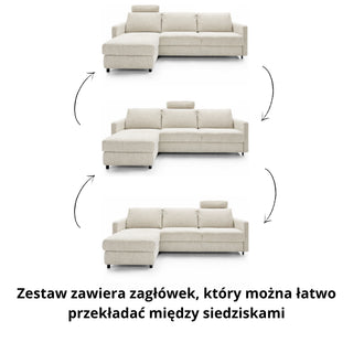 Narożnik EMA z funkcją spania codziennego stelaż włoski PRO z materacem 120cm i pojemnikiem na pościel + zagłówek