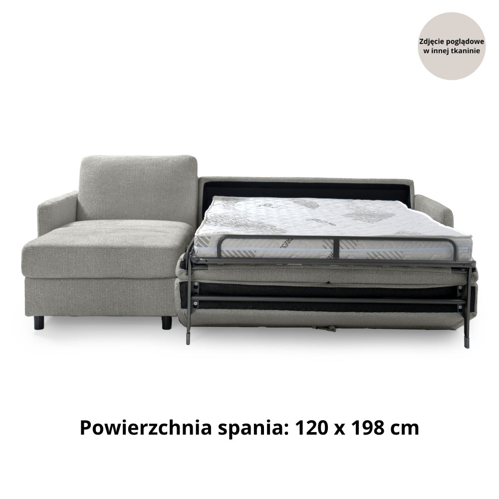 Narożnik EMA z funkcją spania codziennego stelaż włoski PRO z materacem 120cm i pojemnikiem na pościel + zagłówek