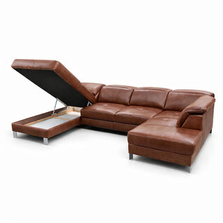 Narożnik U-kształtny skórzany MANTUA rozkładany z regulowanymi zagłówkami i pojemnikiem