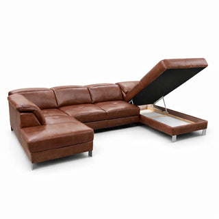 Narożnik U-kształtny skórzany MANTUA rozkładany z regulowanymi zagłówkami i pojemnikiem