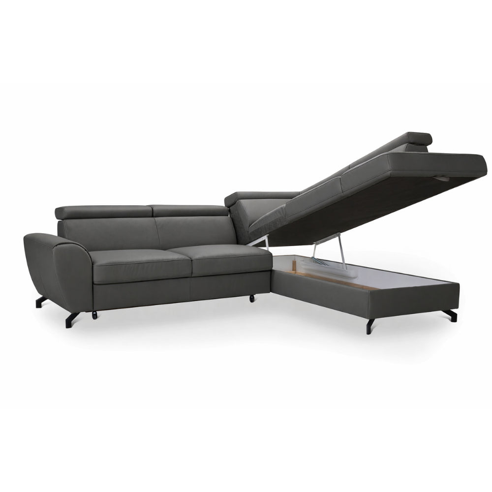 DUE corner sofa with sleeping function, storage space and movable headrests