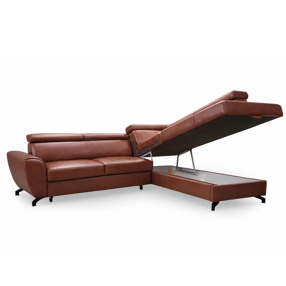 DUE corner sofa with sleeping function, storage space and movable headrests