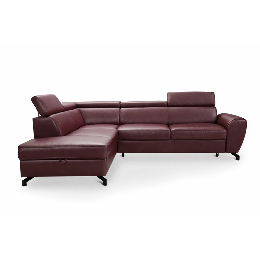 Narożnik skórzany DUE z funkcją spania i pojemnikiem oraz ruchomymi zagłówkami