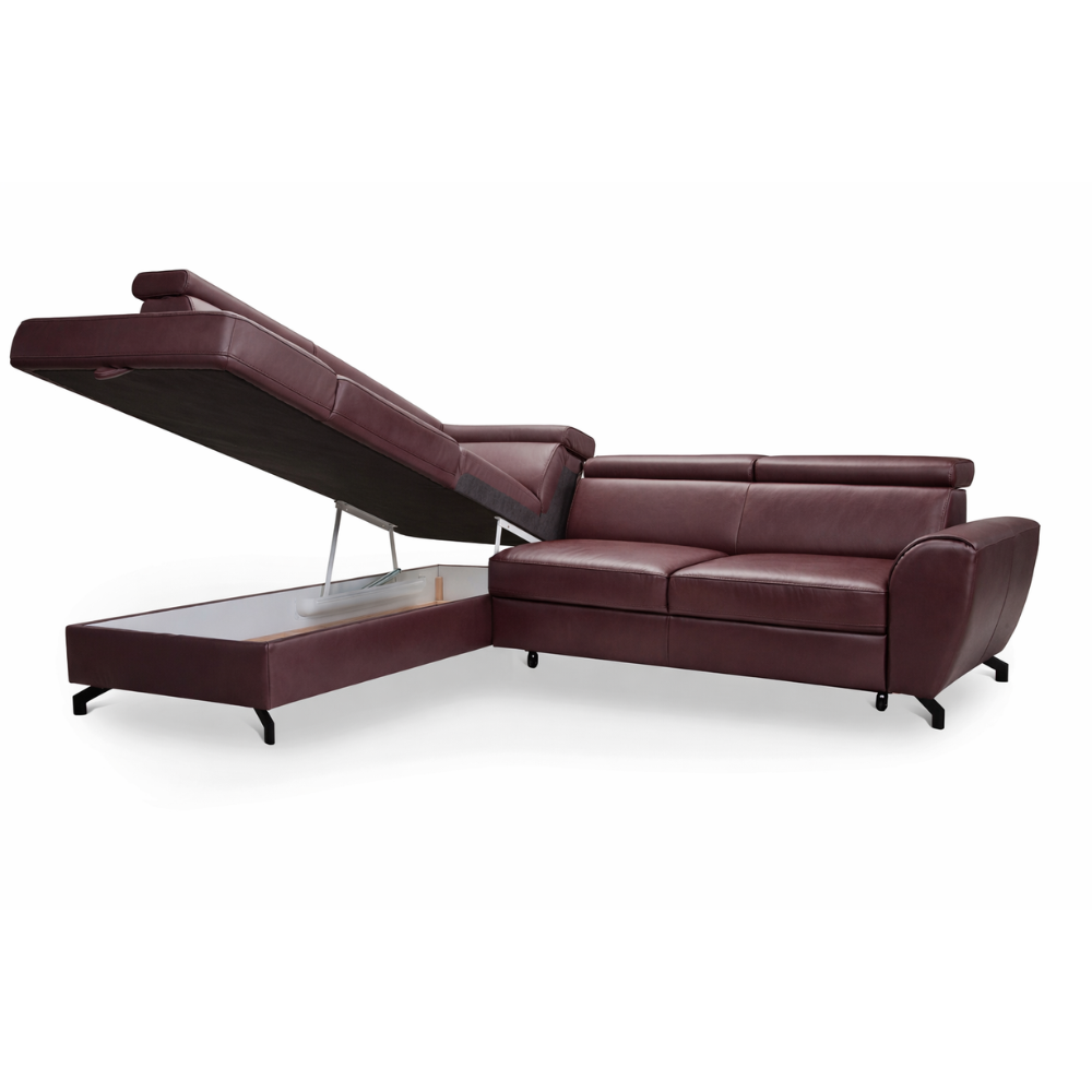 Narożnik skórzany DUE z funkcją spania i pojemnikiem oraz ruchomymi zagłówkami