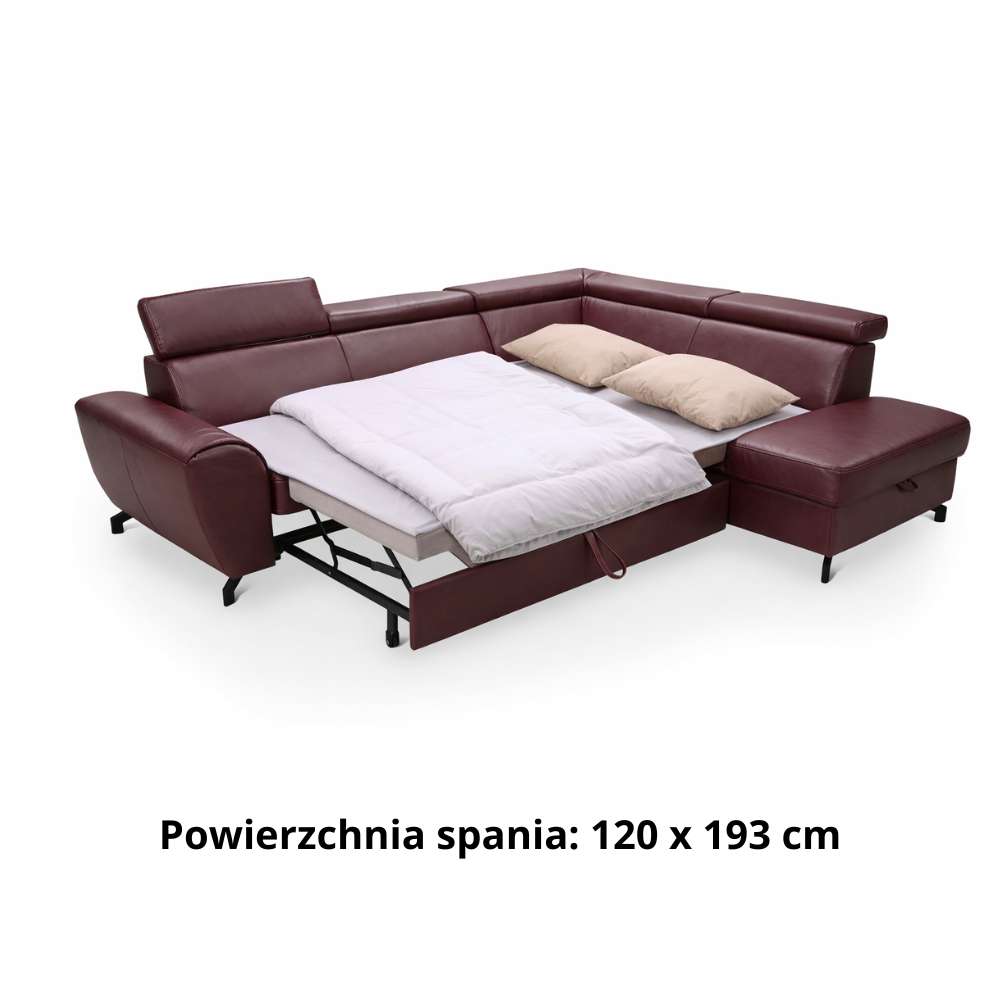 Narożnik skórzany DUE z funkcją spania i pojemnikiem oraz ruchomymi zagłówkami