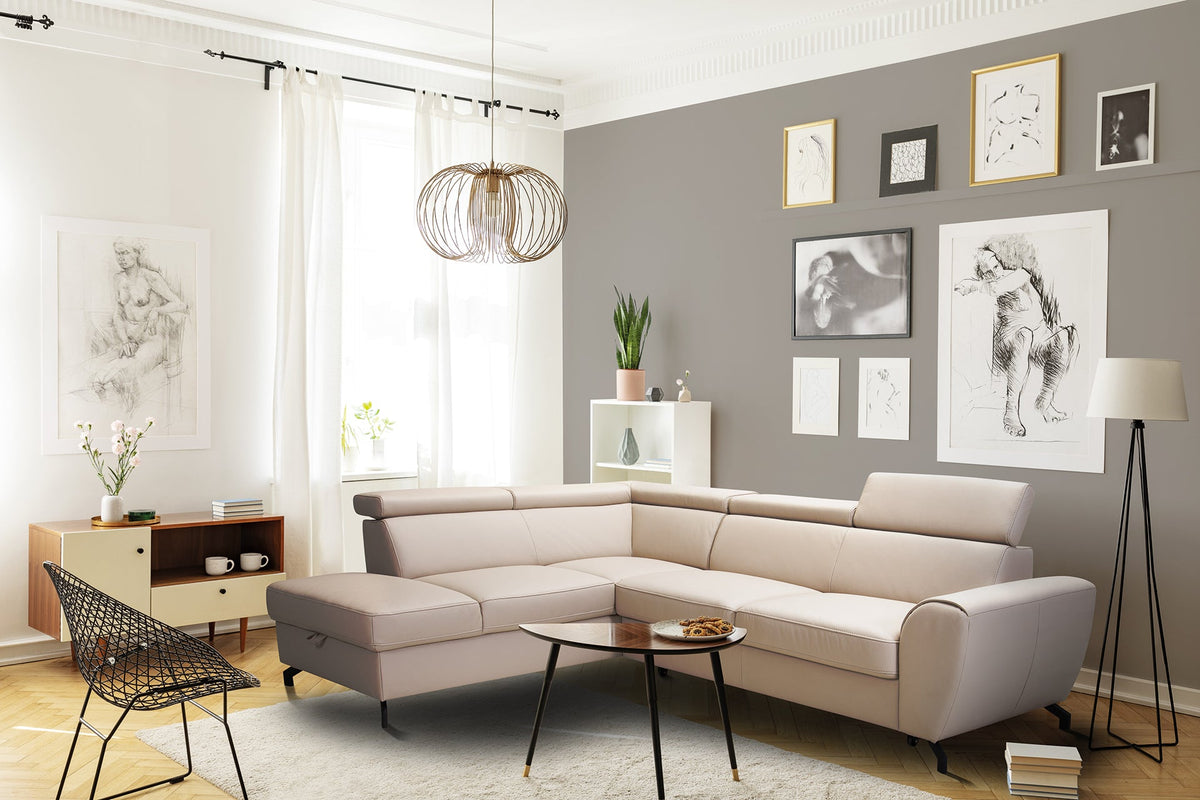 Narożnik skórzany DUE z funkcją spania i pojemnikiem oraz ruchomymi zagłówkami