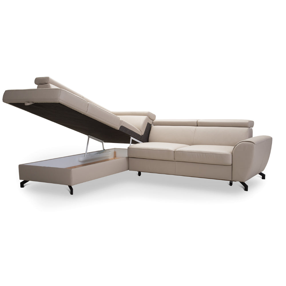 DUE corner sofa with sleeping function, storage space and movable headrests