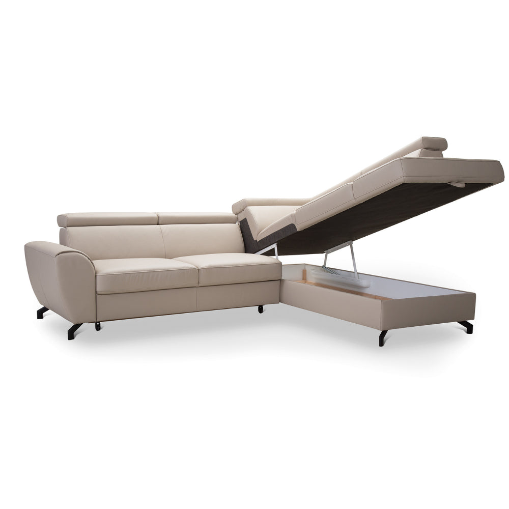 DUE corner sofa with sleeping function, storage space and movable headrests