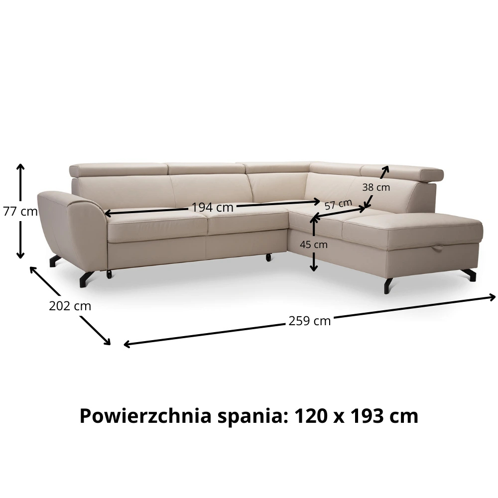 DUE corner sofa with sleeping function, storage space and movable headrests