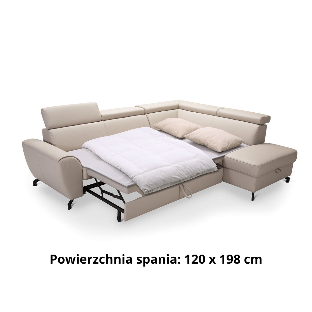 DUE corner sofa with sleeping function, storage space and movable headrests