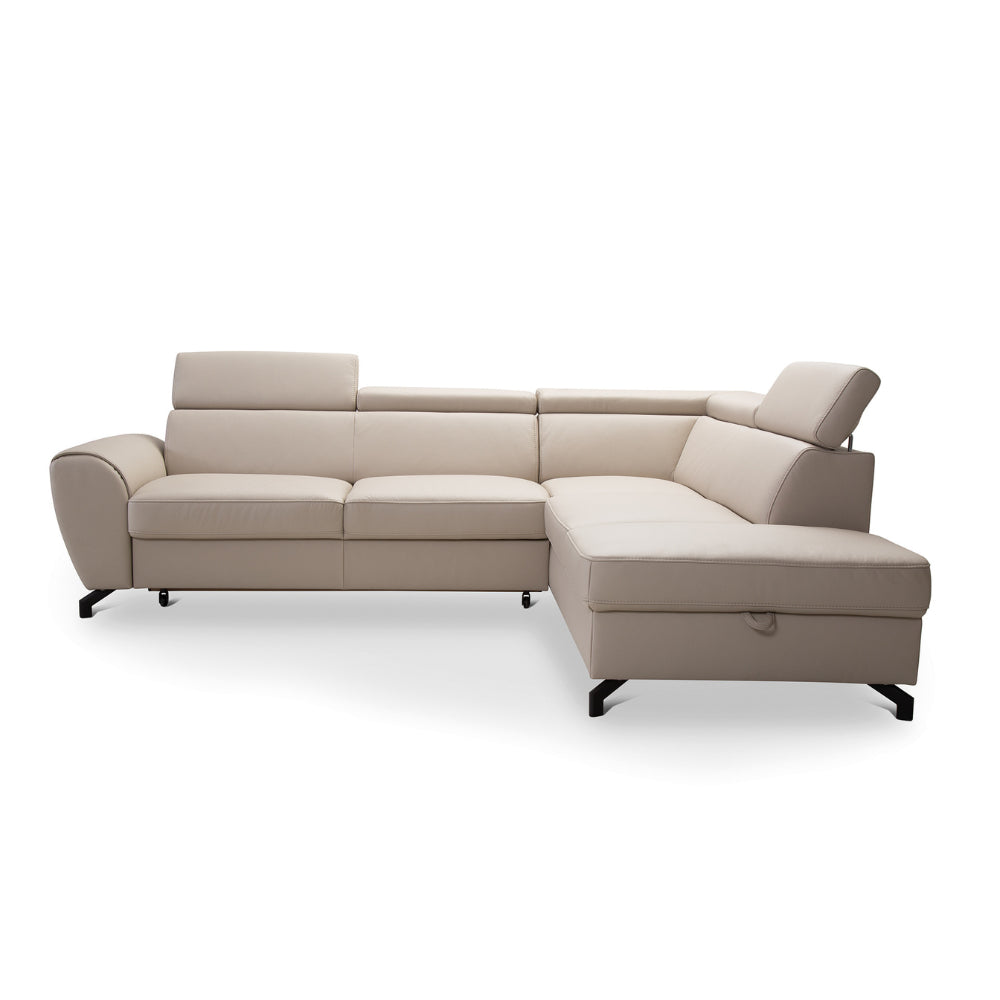DUE corner sofa with sleeping function, storage space and movable headrests