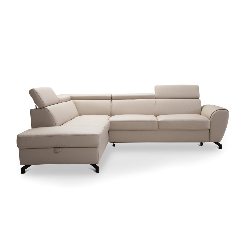 DUE corner sofa with sleeping function, storage space and movable headrests