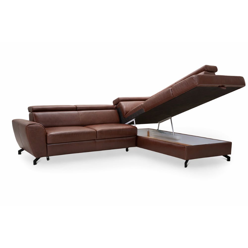 DUE corner sofa with sleeping function, storage space and movable headrests