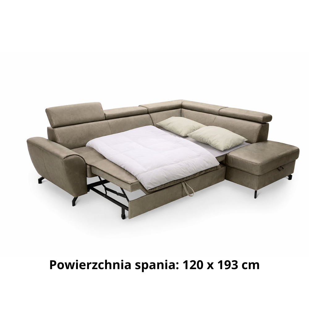 Narożnik skórzany DUE z funkcją spania i pojemnikiem oraz ruchomymi zagłówkami
