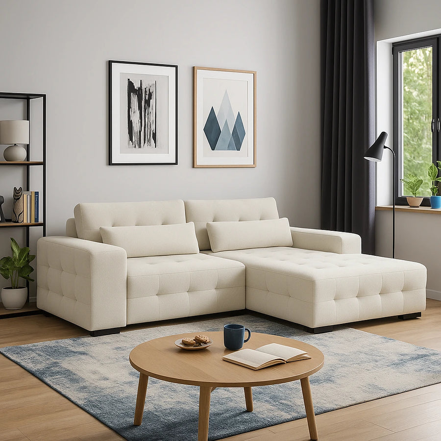 CHANCE corner sofa with sleeping function, storage compartment, and cushion set