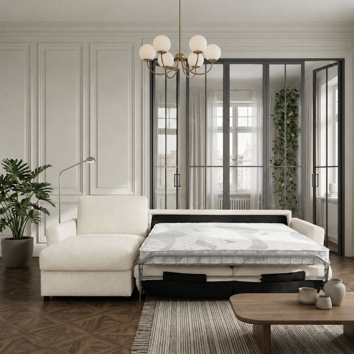 DOLLY corner sofa with daily sleeping function, Italian frame, 160 cm mattress and bedding container