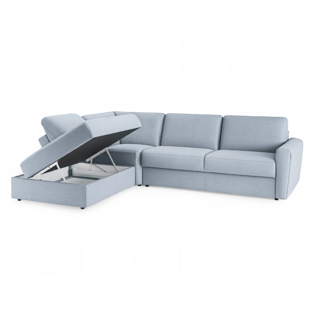 Narożnik DOLLY z otomaną funkcja spania codziennego stelaż włoski z materacem 160 cm i pojemnikiem na pościel