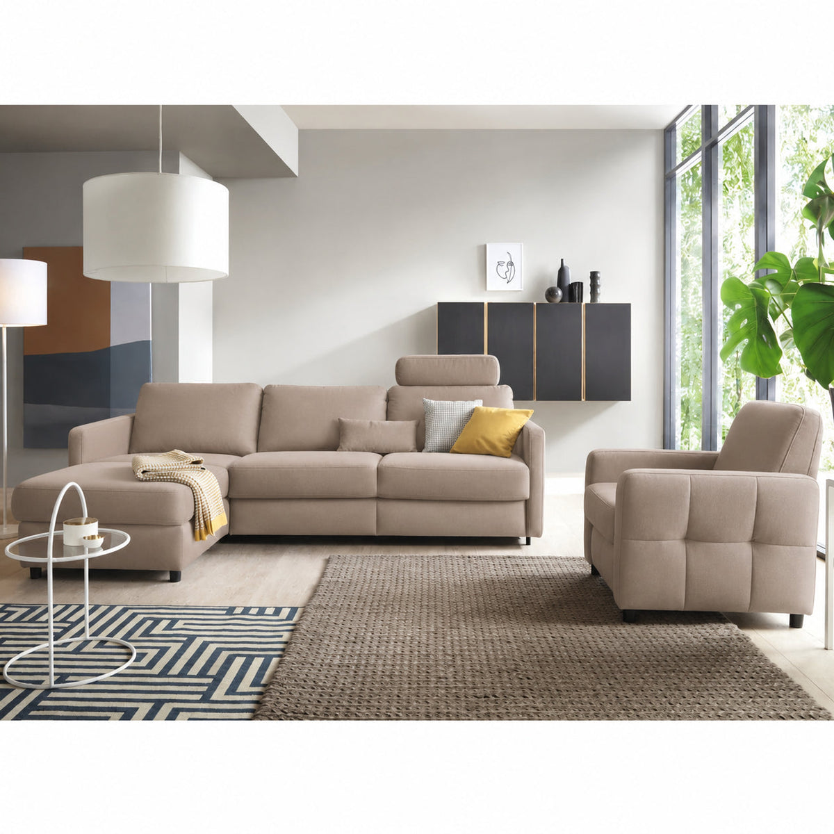 EMA corner sofa with daily sleeping function, Italian frame, 140 cm mattress and bedding container