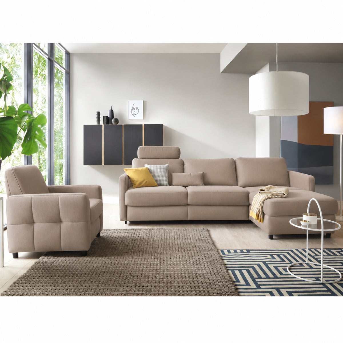 EMA corner sofa with daily sleeping function, Italian frame, 140 cm mattress and bedding container