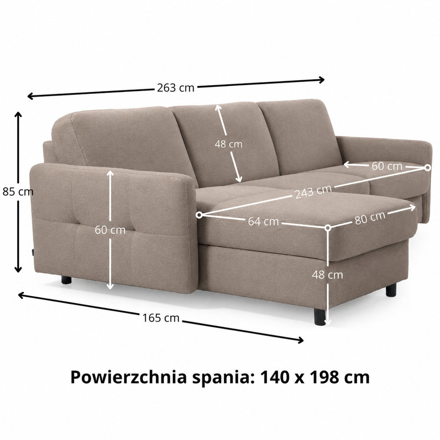 EMA corner sofa with daily sleeping function, Italian frame, 140 cm mattress and bedding container
