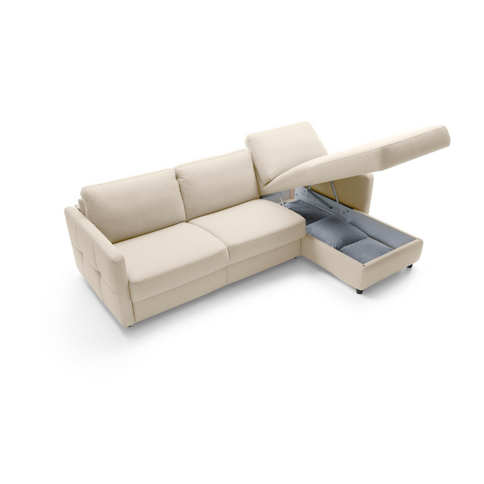 EMA corner sofa with daily sleeping function, Italian PRO frame with a 160 cm mattress and a bedding container