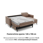 Narożnik LUMI z funkcją spania stelaż włoski z materacem 120 cm i pojemnikiem oraz ruchomymi zagłówkami