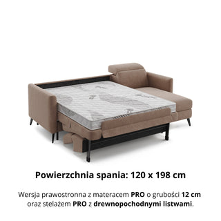 Narożnik LUMI z funkcją spania stelaż włoski z materacem 120 cm i pojemnikiem oraz ruchomymi zagłówkami