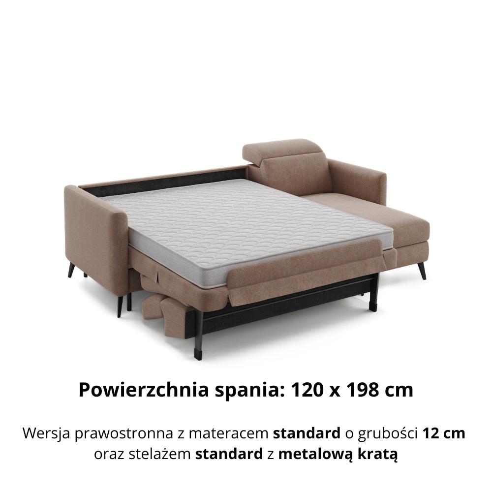 Narożnik LUMI z funkcją spania stelaż włoski z materacem 120 cm i pojemnikiem oraz ruchomymi zagłówkami