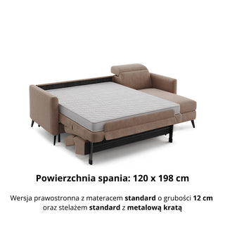 Narożnik LUMI z funkcją spania stelaż włoski z materacem 120 cm i pojemnikiem oraz ruchomymi zagłówkami