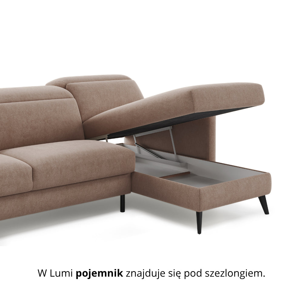 Narożnik LUMI z funkcją spania stelaż włoski z materacem 120 cm i pojemnikiem oraz ruchomymi zagłówkami