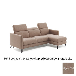 Narożnik LUMI z funkcją spania stelaż włoski z materacem 120 cm i pojemnikiem oraz ruchomymi zagłówkami