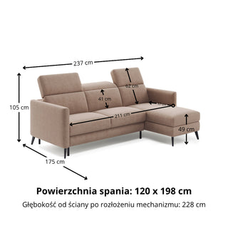 Narożnik LUMI z funkcją spania stelaż włoski z materacem 120 cm i pojemnikiem oraz ruchomymi zagłówkami