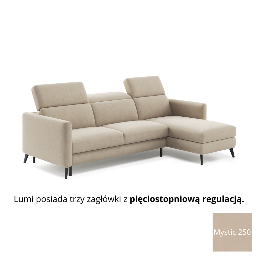 Narożnik LUMI z funkcją spania stelaż włoski z materacem 140 cm i pojemnikiem oraz ruchomymi zagłówkami
