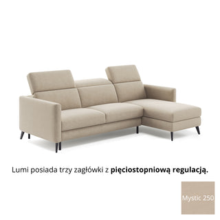 Narożnik LUMI z funkcją spania stelaż włoski z materacem 140 cm i pojemnikiem oraz ruchomymi zagłówkami