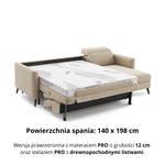 Narożnik LUMI z funkcją spania stelaż włoski z materacem 140 cm i pojemnikiem oraz ruchomymi zagłówkami
