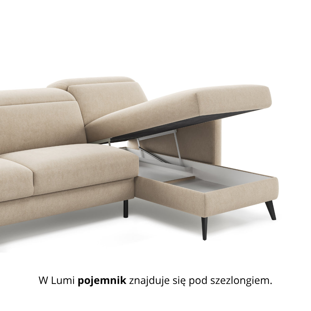 Narożnik LUMI z funkcją spania stelaż włoski z materacem 140 cm i pojemnikiem oraz ruchomymi zagłówkami