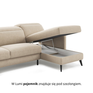Narożnik LUMI z funkcją spania stelaż włoski z materacem 140 cm i pojemnikiem oraz ruchomymi zagłówkami